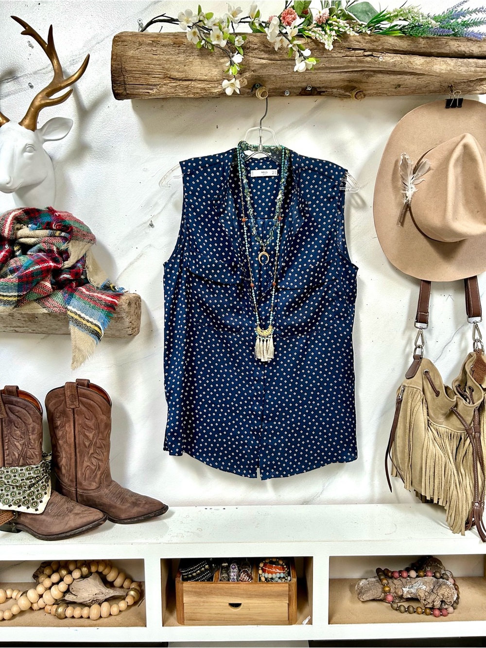 Sleeveless Navy Polka Dot Button-Front Blouse w boho choc macadamia vibe